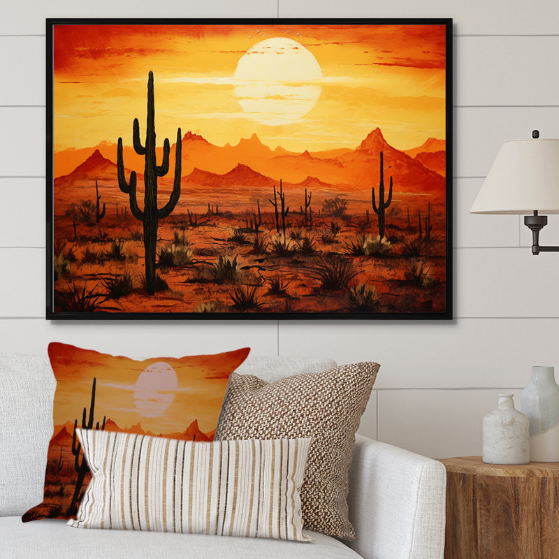 Cactus Sunrise Silhouettes - Cactus, art mural, H 24 po x l 32 po x P 1 po, Cadre flottant noir