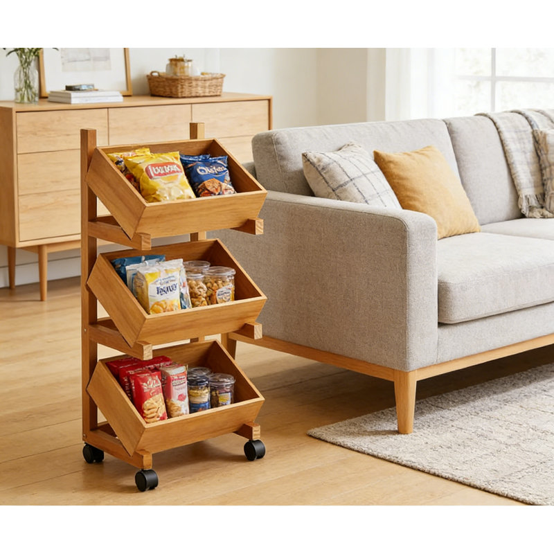 Wooden Storage Shelves, 3-Tier Fruit ,Snack Rack Kitchen Storage Organizer Basket Stand,Vegetables Basket Display Rack, Multi-Compartment Vegetable and Fruit Organizer, Freestanding Design for kitchen, Home Office, Living Room(Cherry Wood Colour)