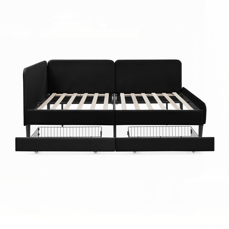 Upholstered Platform Bed Frame with Drawers, Black, Full