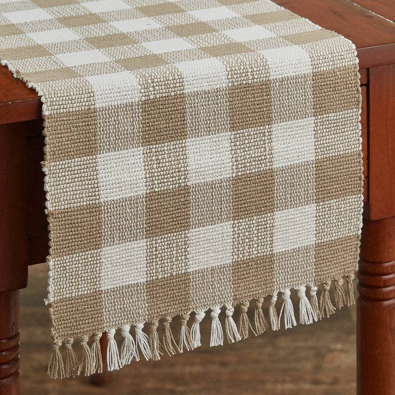 Serles Rectangular Checkered Table Runner, 54" x 13", Beige/Off-White