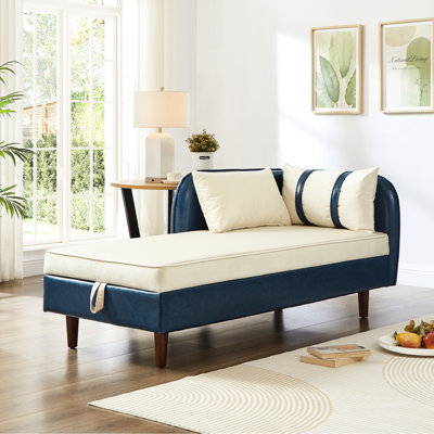 Navy Blue Pu And Beige Velvet 65" Chaise Lounge With Storage, Solid Rubber Wood Legs, Comfortable Fabric Seating, Storage For Books Snacks In Velvet, Stable Eucalyptus Frame, Soft Relaxation,