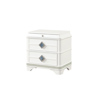 Table de chevet à 2 tiroirs de style moderne en bois, tiroir dissimulé et détails en cristal blanc