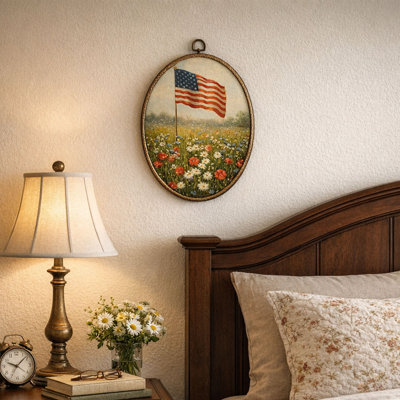 Vintage Floral American Flag Oval Wall Art Framed Canvas Print, Patriotic 4th of July Wall Decor for Living Room Bedroom Entryway Home Decoration, 8.5" x 11.5"