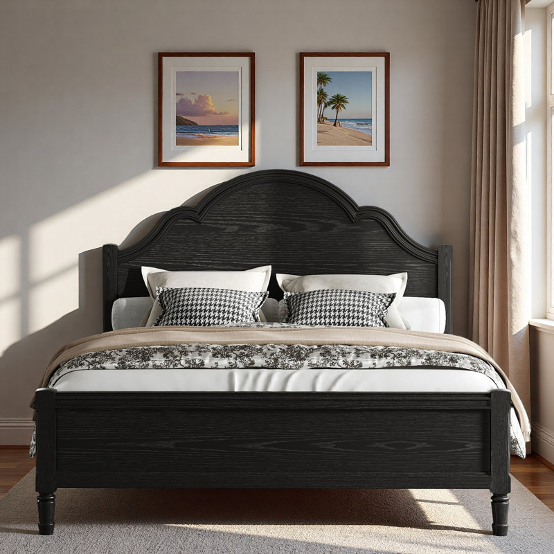 Lit plateforme en bois avec tête de lit courbée et pieds robustes, Queen, Black