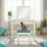 Simen Wood Three Drawer Mirror Stand Vanity with Stool