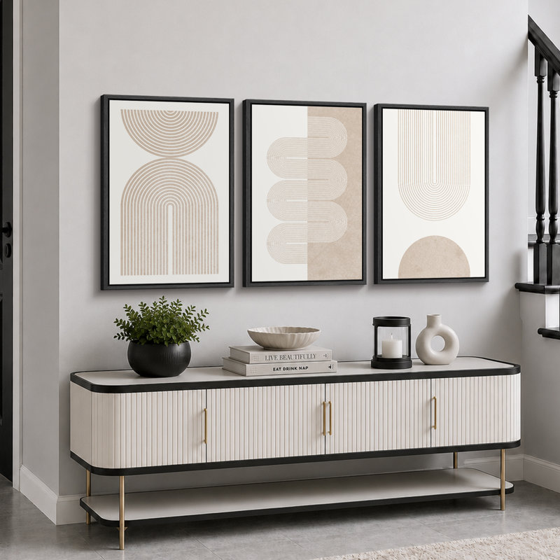 "Mid-Century Modern Boho" Duotone Beige Abstract Lines, H 24 po x l 48 po, Plastique noir