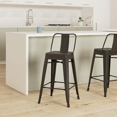 Modern Light Weight Industrial Contemporary Rustic Vintage Costal Metal Barstools With Bucket Back And 4 Leg Design, Seat Bar Stools (Set Of 2)