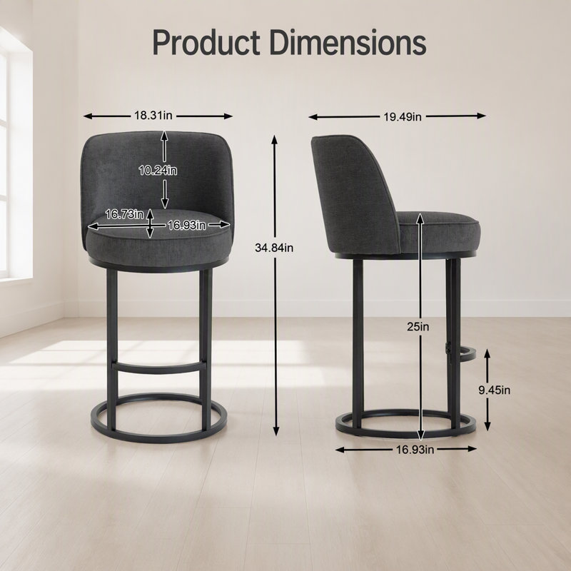 Ensemble de 2 tabourets de bar à hauteur de comptoir, conception de baril moderne avec dossier, tissu en lin revêtu pour îlot de cuisine