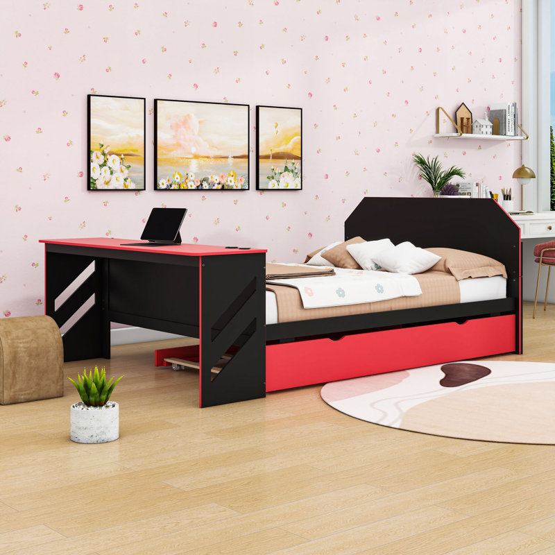 Full Wooden Daybed with USB Port, Desk and Trundle, Red