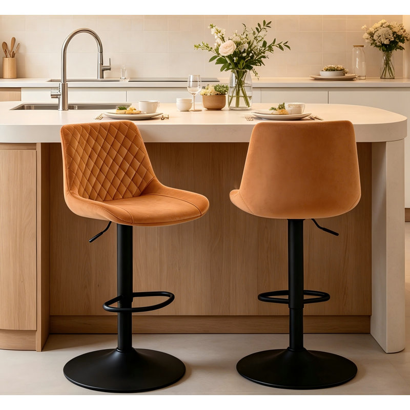 Velvet/Suede Adjustable Height Bar Stools with Gas‑Lift 360° Swivel and Round Black Metal Base Footrest, Velvet Orange