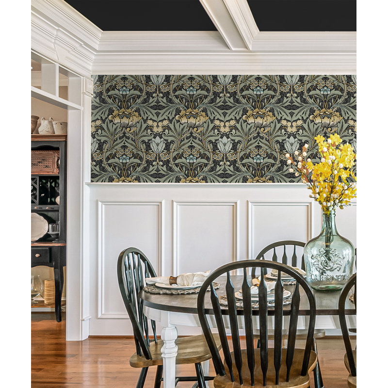Papier peint floral Mifflintown, Gris anthracite / verge d'or