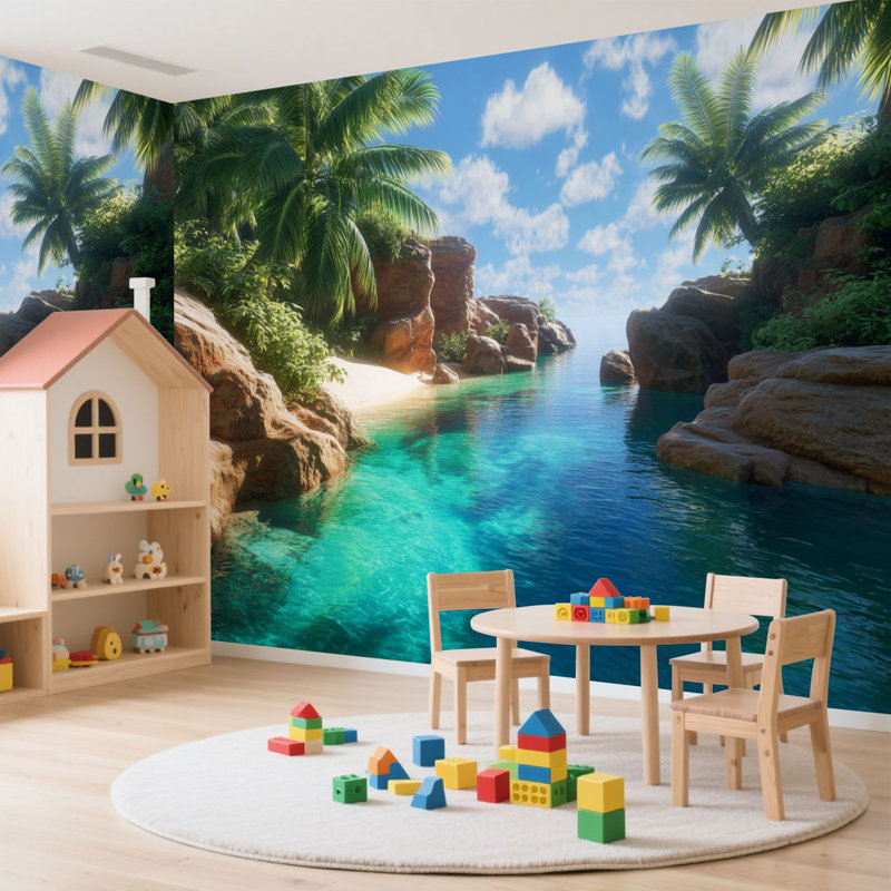 Papier peint adhésif autocollant Tropical Caribbean Paradise Turquoise Waters Island Beach Cool Palm Trees Sandy Water Rock Formations