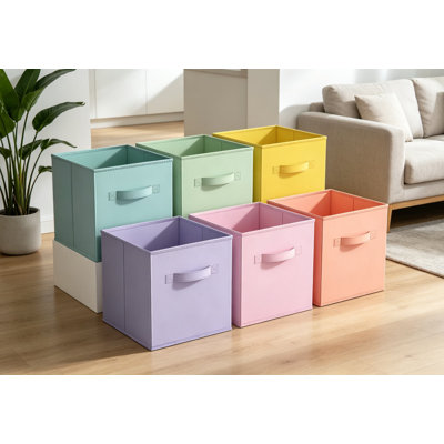 11 Inch Fabric Storage Cubes 6 Pack - Sturdy Collapsible Bins with Handles, Foldable Baskets for Organizing Clothes, Toys, Books, and Shelves - Nonwoven Polypropylene, Pastel Multi-Color