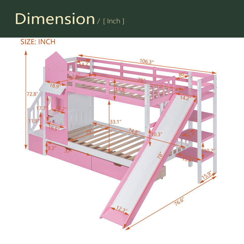 Lit superposé simple au-dessus d'un lit simple de style château avec 2 tiroirs et 3 glissières, Rose