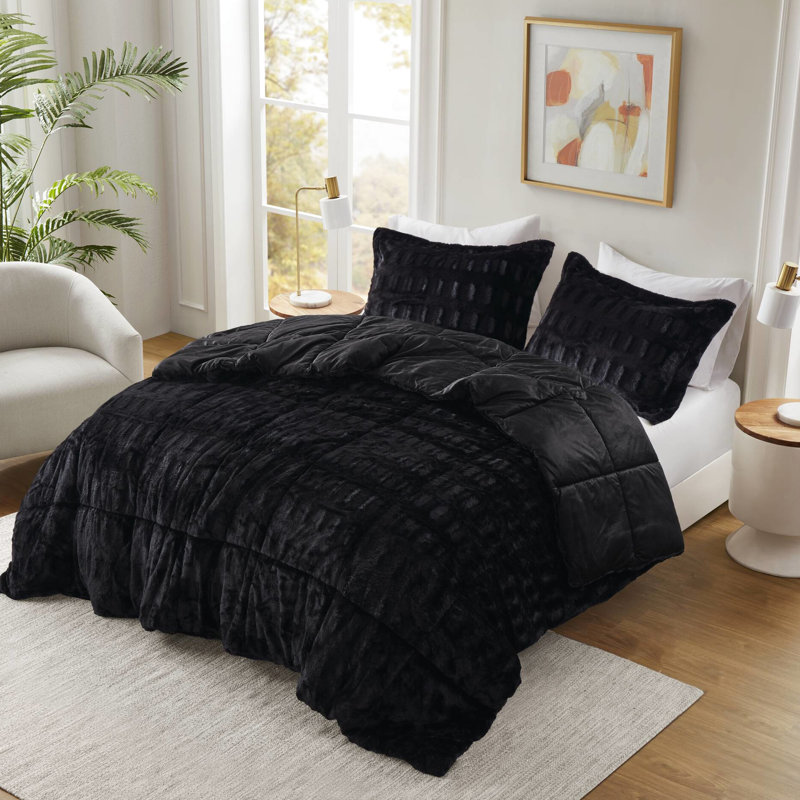 Black 3 Pcs Full/queen Solid Faux Fur Comforter Mini , Featuring Soft Mink Reverse, 2 Shams With - Inch Flange, Filled, Box Sewn Design For Fill Stability In Stylish Brushed Fur, Filling, End To
