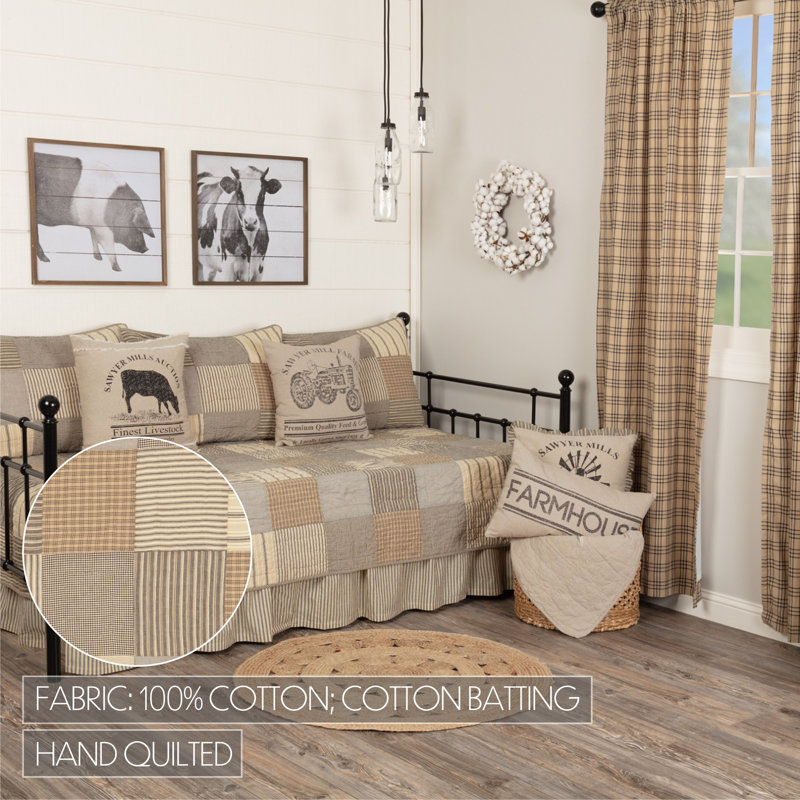 Sawyer Mill Farmhouse / Country Cotton Patchwork Quilt, Charcoal Gray/Khaki/Dark Crème