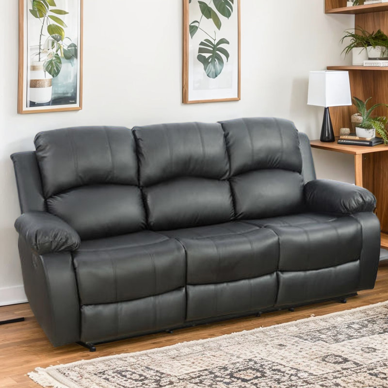 Jaci 78.5" Vegan Leather Reclining Sofa with Drop down table, Black 