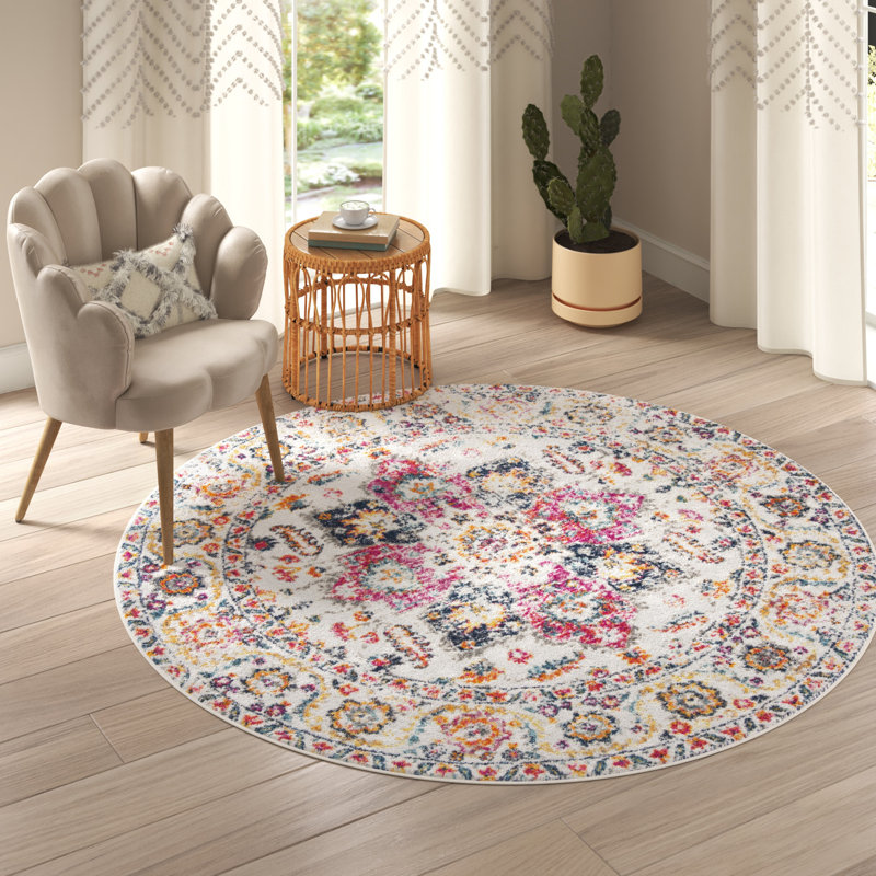 Tapis oriental fuchsia et ivoire Christa, Rond 6 pi 7 po