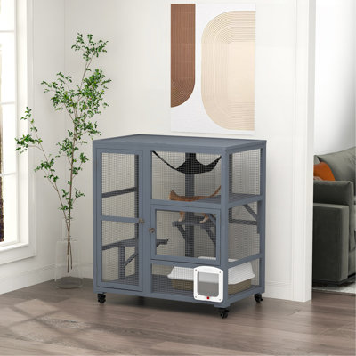 Cat House, Indoor Cat Enclosure on Wheels, Wooden Kitty Cage with Cat Flap Door, Platforms Hammock & Openable Top for 2 Cats, 39"