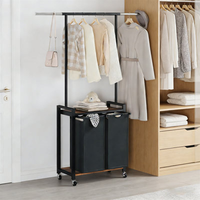 Chariot à linge, chariot à linge roulant avec support suspendu et support de rangement | Panier à vêtements avec roues verrouillables | Organisateur de rangement pour panier à linge convenant aux salles de lavage, aux chambres et aux salles de bain