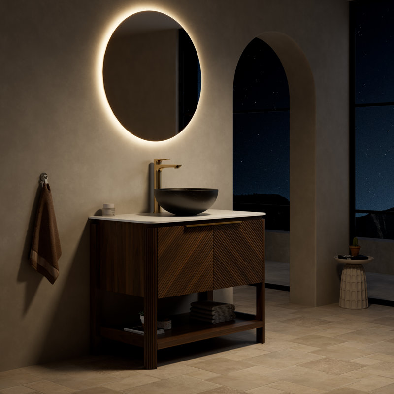 Meuble-lavabo de salle de bain 36 po Indigo, armoire de rangement autoportante en contreplaqué avec 2 portes diagonales et tablette ouverte, lavabo en céramique à motif de pierre noire et plateau en pierre frittée blanc de Carrare, grain de bois noyer foncé