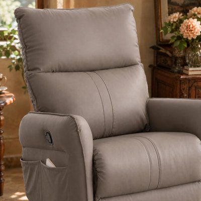 Fauteuil inclinable et pivotant à 360 ° en cuir polyuréthane Rovella, fauteuil coulissant manuel moderne avec repose-pieds, poche latérale, coussin rembourré et Capacité pour le salon, la chambre à coucher, la chambre de bébé