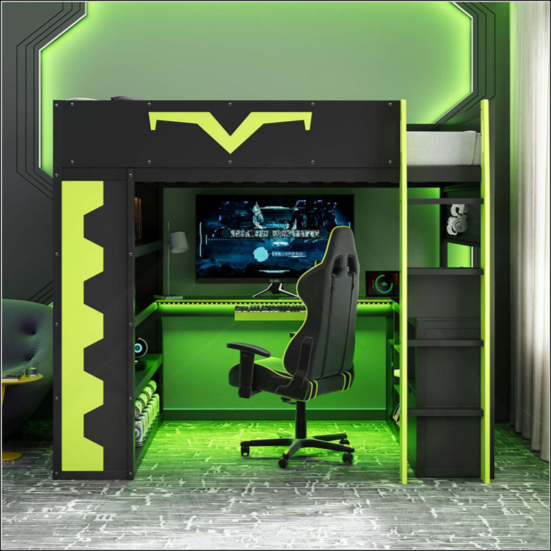 Gaming Loft Bed With Integrated Desk & RGB LED Lights, Pro-Gamer Bed With Power Outlet, Large Bookshelf, Pegboard, Keyboard Tray & Storage Drawer, 3 Colors Available