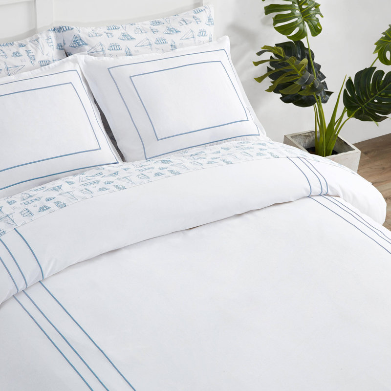 Nautica Alden Embroidered White Duvet Cover Set, King Duvet Cover + 2 King Shams, Light Blue