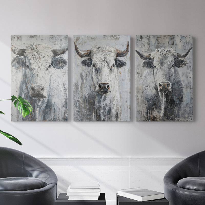 Bovine Study Series XLVI -Set Of 3 Gallery Wrapped Canvas -Ready to Hang, 48" H x 32" W