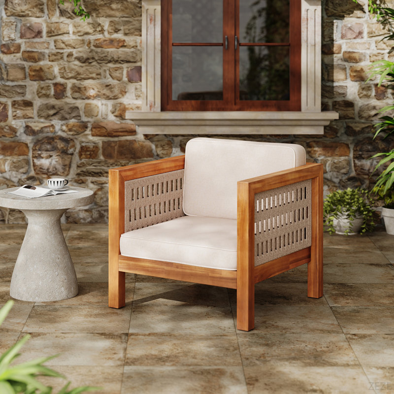Fauteuil club d'extérieur en bois d'acacia avec accoudoirs en corde et coussins, capacité de 400 lb
