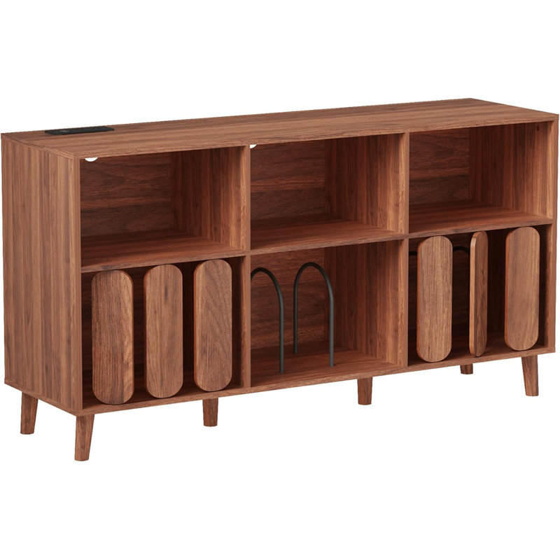Mid-Century Modern Vinyl Record Player Stand with Storage, 6 Compartments, USB Charging Ports & Power Outlets – Turntable Table for Living Room