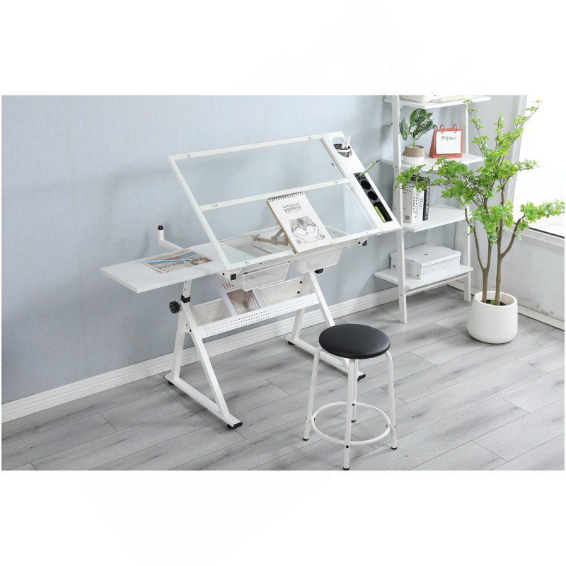 WHITE Adjustable Tempered Glass Drafting Printing Table With Chair, White