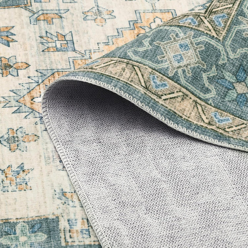 Vintage Boho Runner Rug – Washable Medallion Print, Non-Slip, Low Pile Floor Mat for Bedroom, Dining Room, Office (Grey-Green)