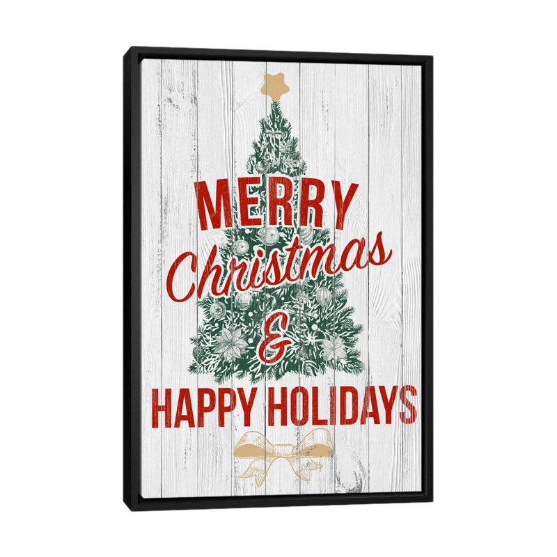 « merry christmas & happy fêtes », art textuel sur toile tendue, H 60 po x l 40 po x P 1,5 po, Toile encadrée noire