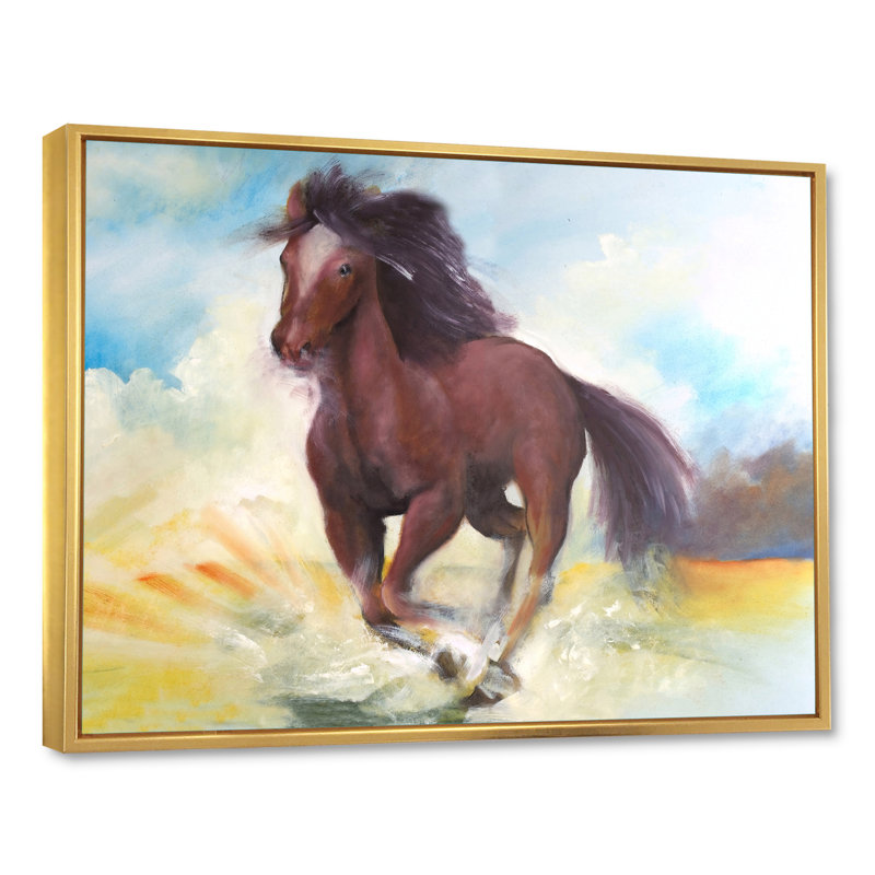 Cheval brun galopant - peinture sur toile, H 16 po x l 32 po, Cadre flottant doré