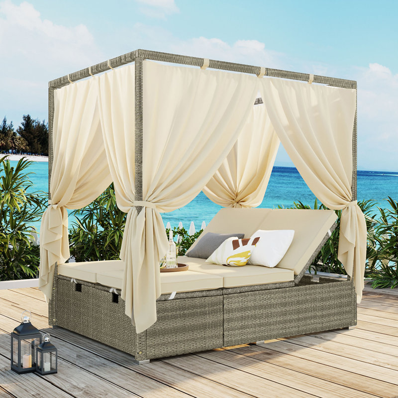 Lit de soleil réglable avec rideau, Beige