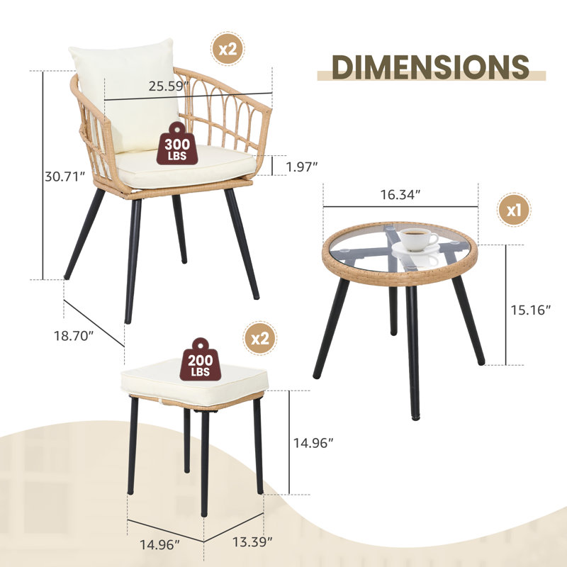 5 Pieces Wicker Patio Bistro Outdoor Furniture Set with Cushions,Ottoman