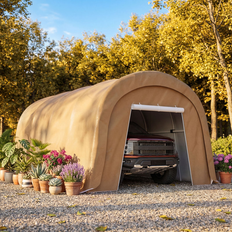 Abri de rangement de garage portatif en acier galvanisé Carport, H 9 pi x l 10 pi x P 20 pi, Beige