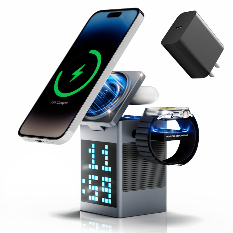 Station de recharge sans fil 3-en-1 avec haut-parleur Bluetooth, affichage de Pixel et réveil numérique