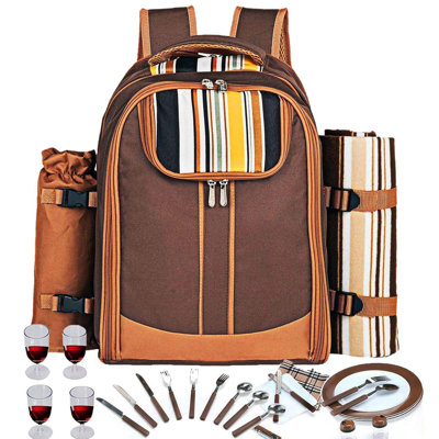 Picnic Backpack Bag for 4 Person with Cooler Compartment, Detachable Bottle/Wine Holder, Fleece Blanket, Plates and Cutlery Set Perfect for Outdoor, Sports, Hiking, Camping, BBQs(Coffee)