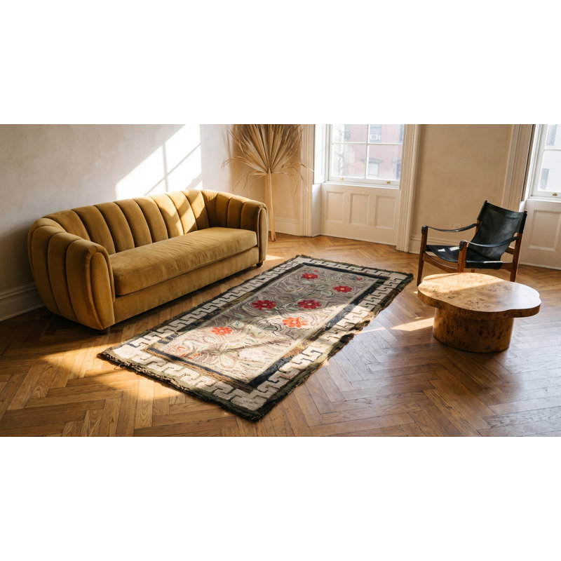 Tapis gris antique en laine et coton crocheté Antique American