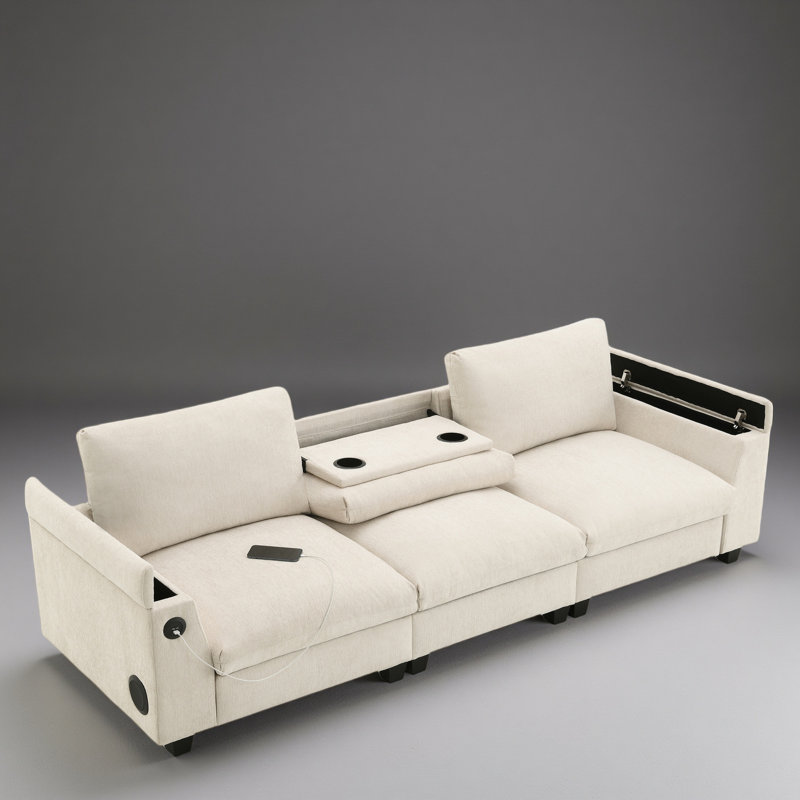 Canapé modulaire 96 * 35 po Chenille avec haut-parleur Bluetooth, ensemble de canapé Comfy Cloud avec table rabattable, porte-gobelets, chargeur USB, accoudoir de rangement, canapé à large siège pour salon, appartement, bureau