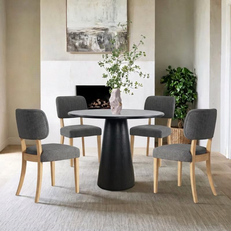 Ensemble de 2 chaises de salle à manger rembourrées, de chaises d'appoint en lin sans accoudoirs, de chaises de salle à manger à pieds en bois noir courbé de style Mid-Century pour petits espaces