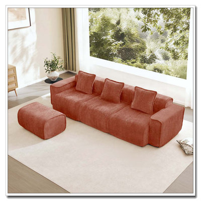 3 Seat L Shape Sectional Boneless Sofa with French Edge Piping, No Assembly Required, 3-Seat Sofa Couch with Throw Pillows and 1 Movable Ottoman