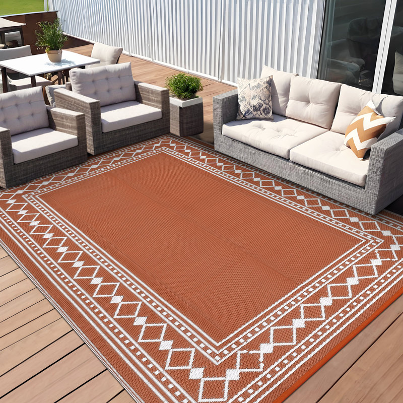 9x12ft FT Terracotta Waterproof Reversible Outdoor Rug, Modern Geometric Diamond Edge Plastic Straw Mat, UV Resistant Easy Clean Foldable Carpet with Portable Bag for Patio Deck Balcony RV Camping Beach