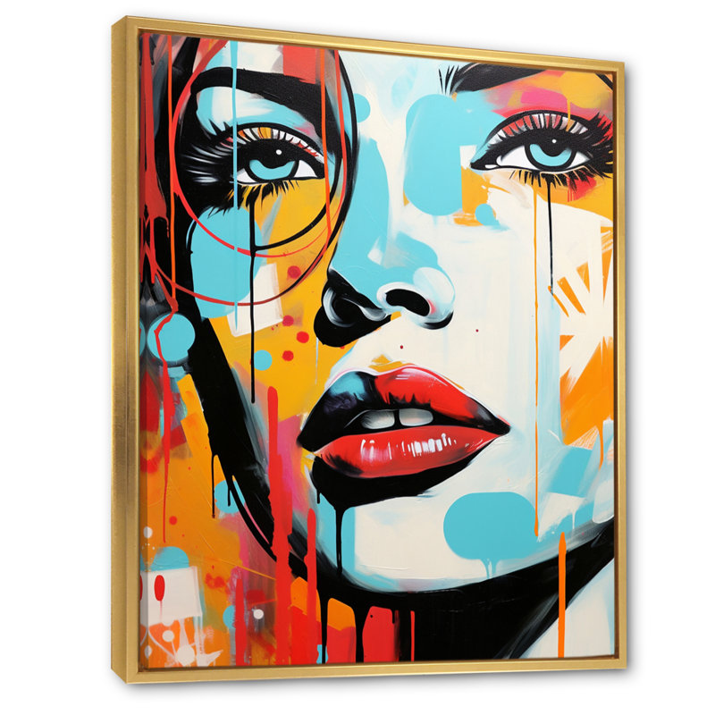 Pop Art bleu et orange Portrait de femme III - décoration murale moderne, H 20 po x l 12 po x P 1 po, Cadre flottant doré