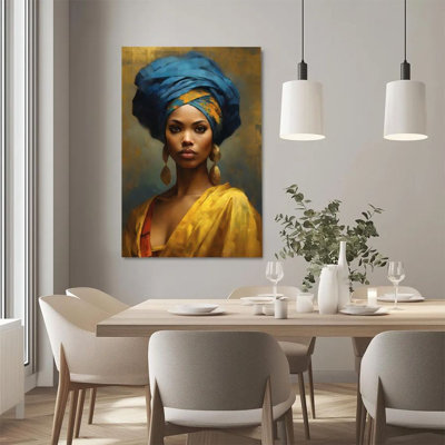 Impression sur toile encadrée 1Pc, portrait de femme africaine, foulard bleu et tenue dorée, décoration murale impressionniste de style peinture à l'huile, parfaite pour la décoration de salon, chambre à coucher, bureau, cuisine, salle de bain, décoration intérieure rustique et moderne