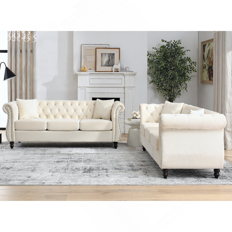 3-Seater + 3-Seater Combination Sofa.Beige Velvet