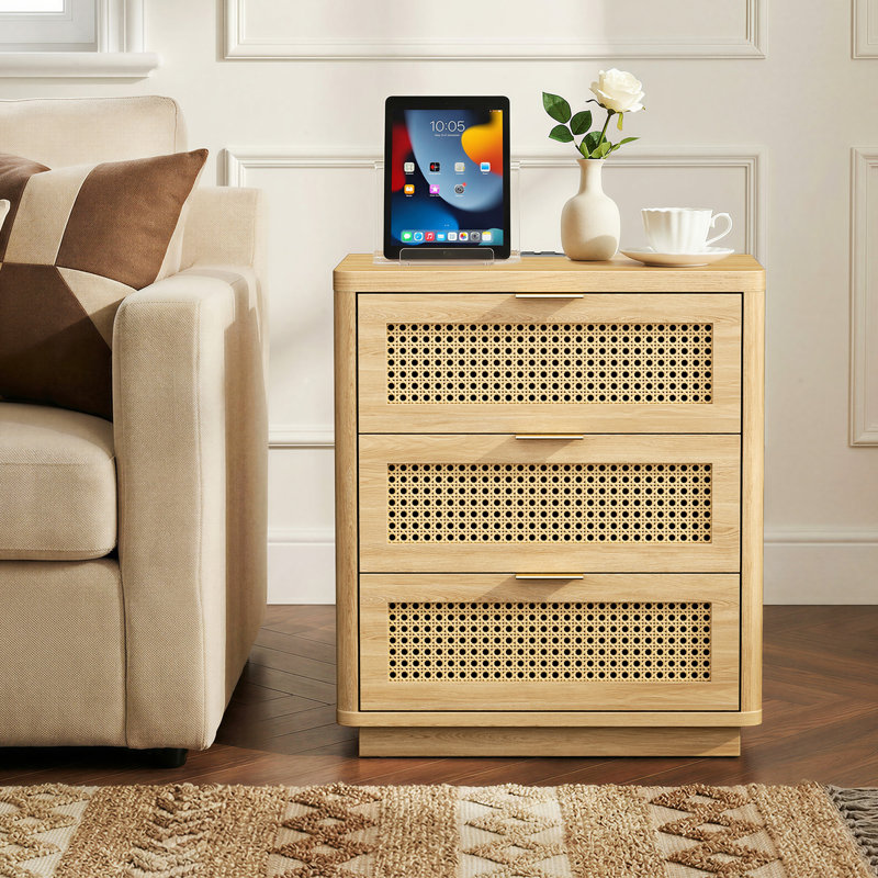 Table de bout l 22,83 po avec 3 tiroirs et station de charge, Naturel / bois