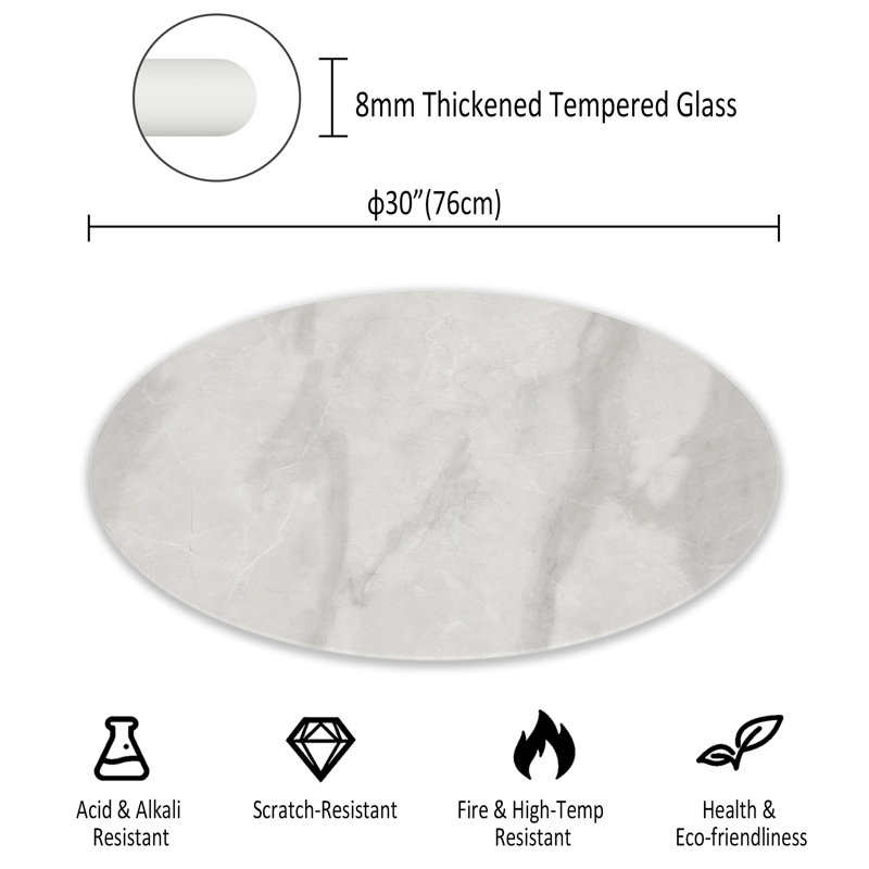 Plateau de table rond en verre trempé Marble Design, protecteur de table gris épais de 8 mm, plateau de table de remplacement